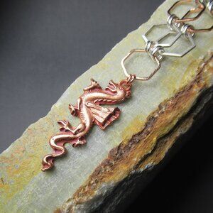 Rose Gold Dragon Pendant, Hand Cast Copper Hexagon Chain